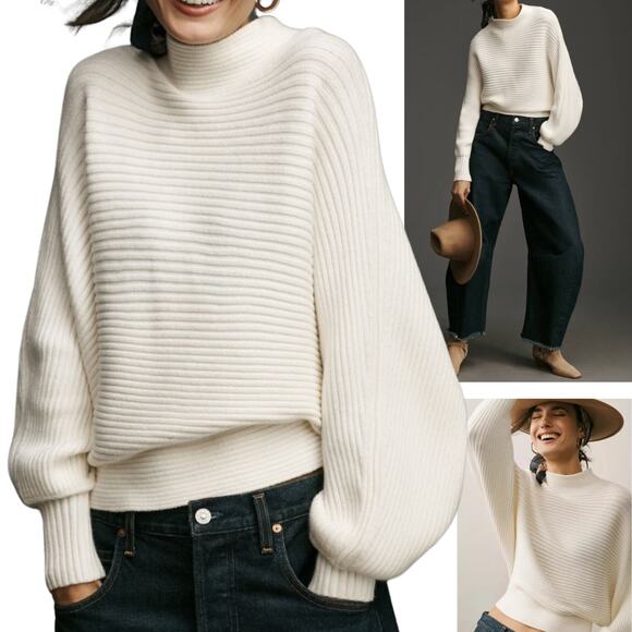 ANTHROPOLOGIE SWEATER 1X KENDALL CROPPED MOCKNECK IVORY WHITE CREAM RIBBED KNIT - Picture 1 of 11